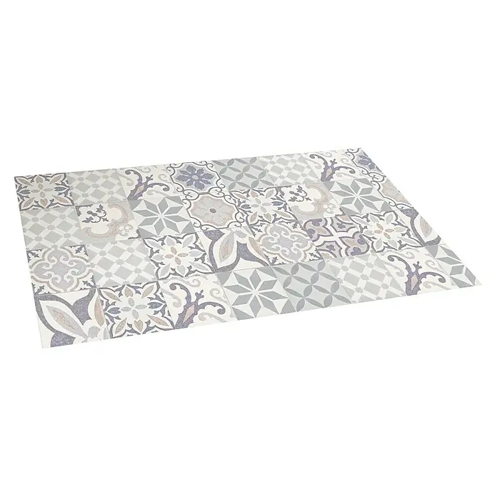 Alfombra de vinilo Croma BCN vintage - Pastel azul, 150 x 80 cm - Diseño decorativo de suelo de PVC con un cautivador patrón de baldosas en tonos grises y morados.