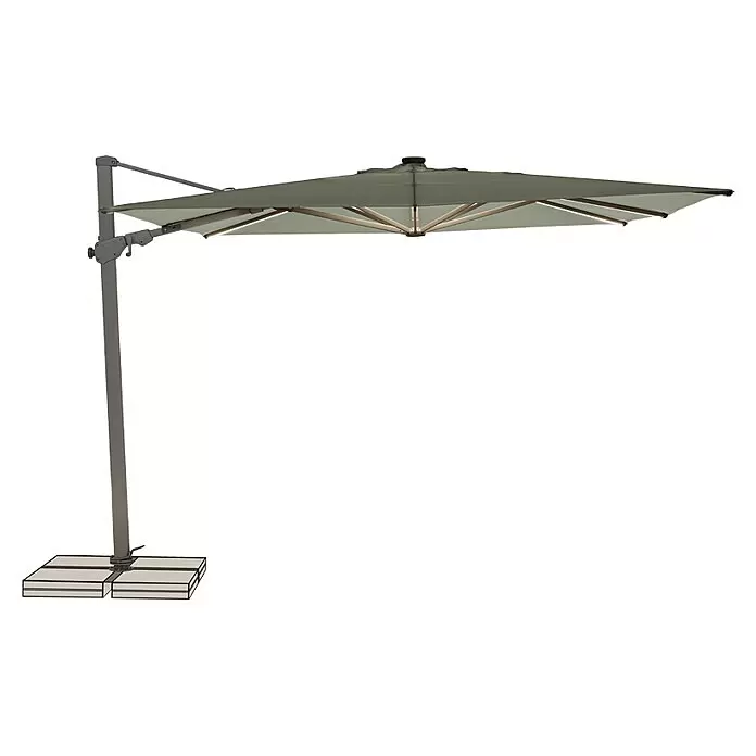 Suncomfort Ampelschirm Varioflex Solar - Hellgrau, Bespannungsmaß (L x B): 300 x 300 cm - Großer Freiarmschirm mit mattgrünem rechteckigem Schirmdach, grauem Stützpfosten und stabiler Quadratbasis.
