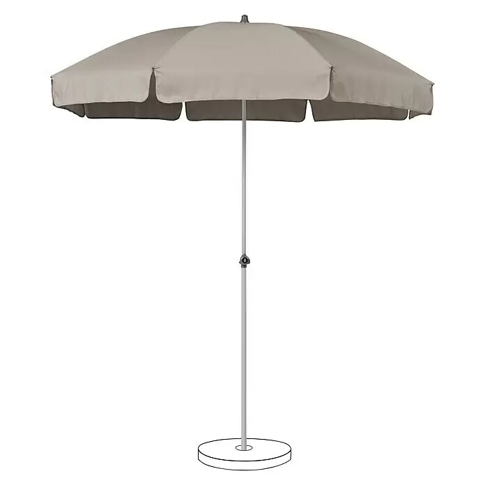 Suncomfort Strandschirm Siesta - Light Taupe, Durchmesser Bespannung: 200 cm - Ein hellbeiger Sonnenschirm mit grauem Mast und weißem Fuß spendet Schatten.