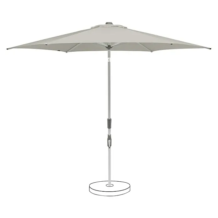 Suncomfort Marktschirm rund Slide - Hellgrau, Durchmesser Bespannung: 250 cm - Ein grauer Sonnenschirm mit einem schlanken, silbernen Ständer und einem runden Sockel, ideal für den Schutz vor der Sonne.