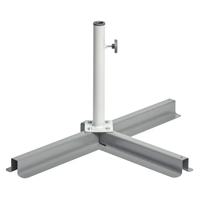 Suncomfort Plattenständer - Stahl, Für Rohrdurchmesser: 25 mm - 33 mm - Ein stabiler, silberner Sonnenschirmständer mit einem zentralen weißen Pfosten und einer Schraube zur Sicherung des Schirms.