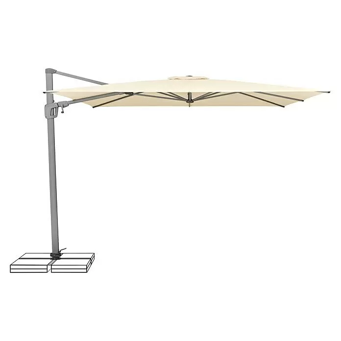 Suncomfort Ampelschirm Sunflex - Ecru, Bespannungsmaß (L x B): 300 x 300 cm - Beiger Ampelschirm mit grauem Gestell für den Außenbereich, skizzierter beschwerter Sockel.