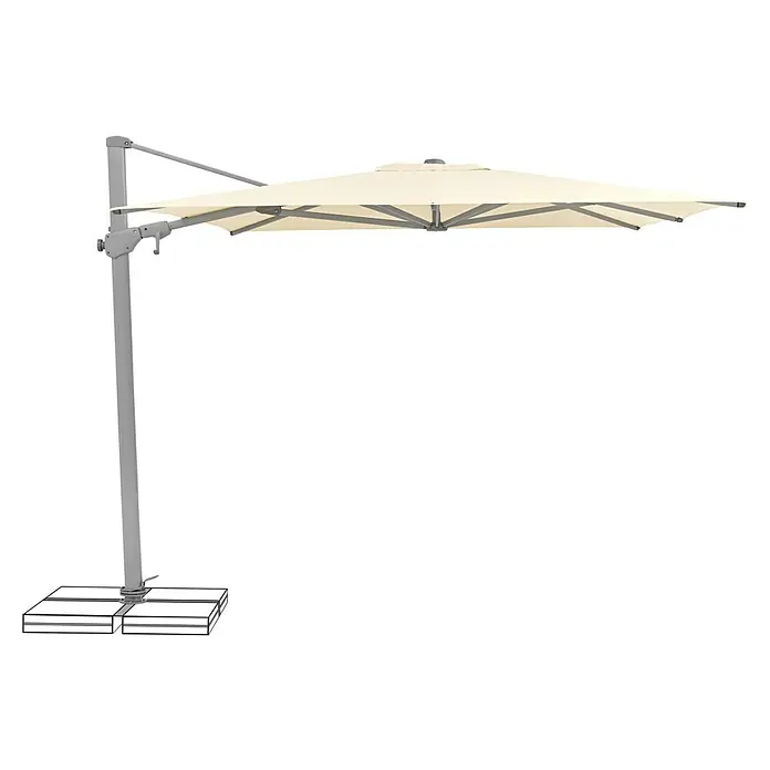 Suncomfort Ampelschirm Varioflex - Ecru, Bespannungsmaß (L x B): 330 x 270 cm - Ein eleganter, freistehender Sonnenschirm mit beigem Schirm und grauem Gestell bietet grosszügigen Schatten im Freien.