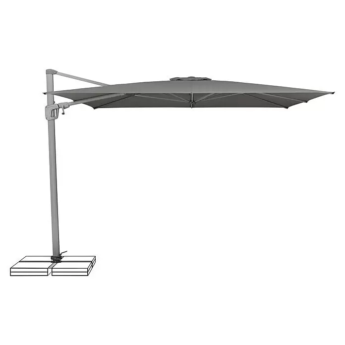 Suncomfort Ampelschirm Sunflex - Steingrau, Bespannungsmaß (L x B): 300 x 300 cm - Grauer rechteckiger Freiarmschirm mit stabilem Seitenmast und Basis für Gewichte.