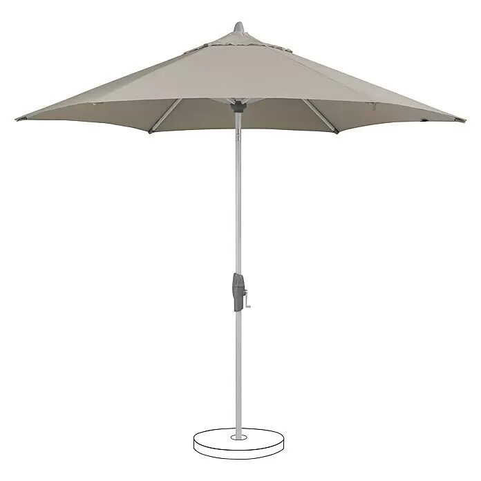 Suncomfort Marktschirm rund Shell Turn - Light Taupe, Durchmesser Bespannung: 330 cm - Beiger Sonnenschirm mit grauem Mast und rundem weißem Sockel, spendet Schatten.