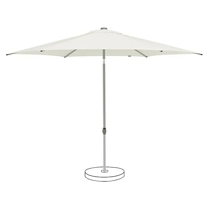 Suncomfort Marktschirm rund Pop Up - Sandweiß, Durchmesser Bespannung: 300 cm - Ein freistehender, cremefarbener Sonnenschirm mit silbernem Gestell und rundem Sockel, ideal für sonnige Tage im Freien.