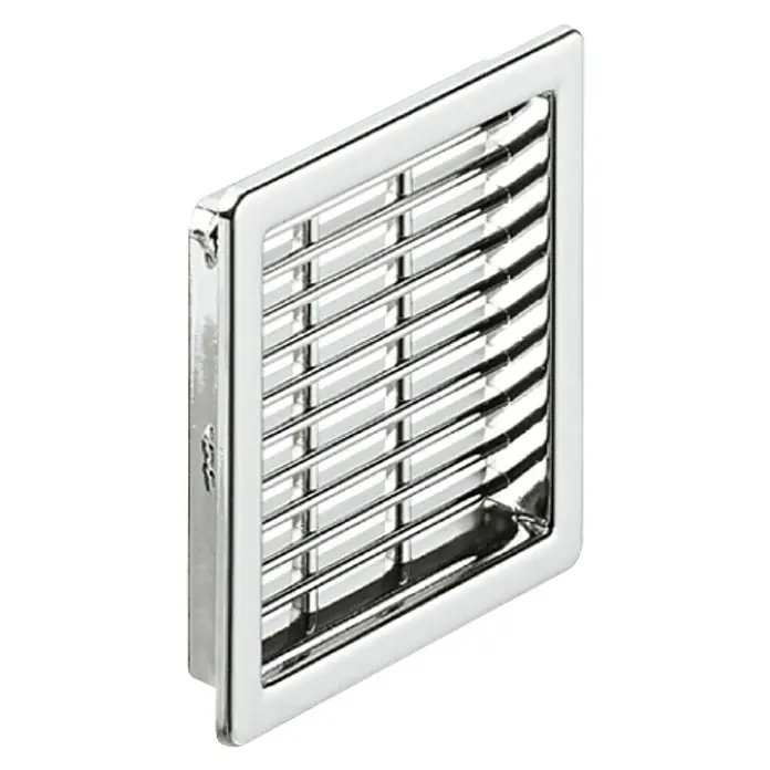 Suki Rejilla de ventilación - 57 x 57 mm, Plateado - La imagen muestra una rejilla de ventilación metálica rectangular y brillante para una circulación de aire elegante.