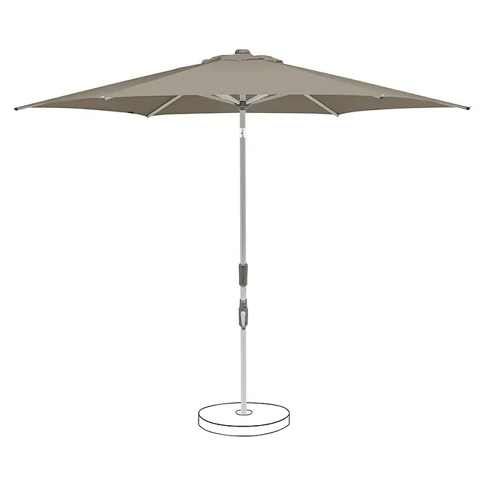 Suncomfort Marktschirm rund Slide - Light Taupe, Durchmesser Bespannung: 250 cm - Ein beiger Sonnenschirm mit einem stabilen, silberfarbenen Ständer bietet idealen Schutz vor der Sonne.