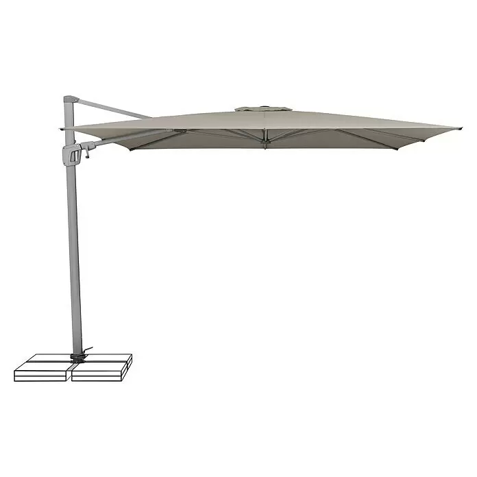 Suncomfort Ampelschirm Sunflex - Light Taupe, Bespannungsmaß (L x B): 300 x 300 cm - Beiger Ampelschirm mit grauem Gestell und angedeutetem Betonfuß.