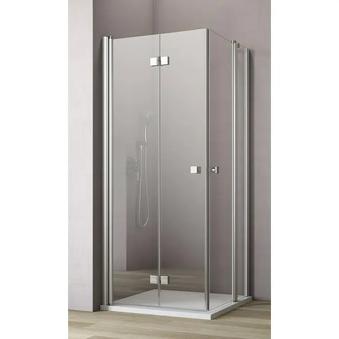 GEO Hit Eckdusche B-E420 - L x B x H: 80 x 80 x 202,2 cm, Unbeschichtet, Silber, Glasstärke: 6 mm - Elegante Duschkabine mit klarem Glas und silbernen Beschlägen, die ein modernes Badezimmerdesign ergänzt. Die Kabine bietet ein stilvolles Duscherlebnis.