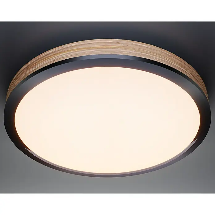 Globo Doro Plafón LED redondo - 24 W, Diámetro: 45 cm, Marrón, Multicolor - Primer plano de una lámpara de techo redonda con marco de madera y un brillo suave y cálido, creando un ambiente acogedor.