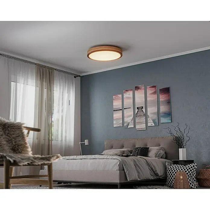 Globo Doro LED-Deckenleuchte rund Holzoptik - 24 W, Durchmesser: 45 cm, Graphit/Holzoptik, Mehrfarbig - Die runde Deckenleuchte mit Holzrahmen strahlt warmes Licht aus und setzt einen natürlichen Akzent im Schlafzimmer.