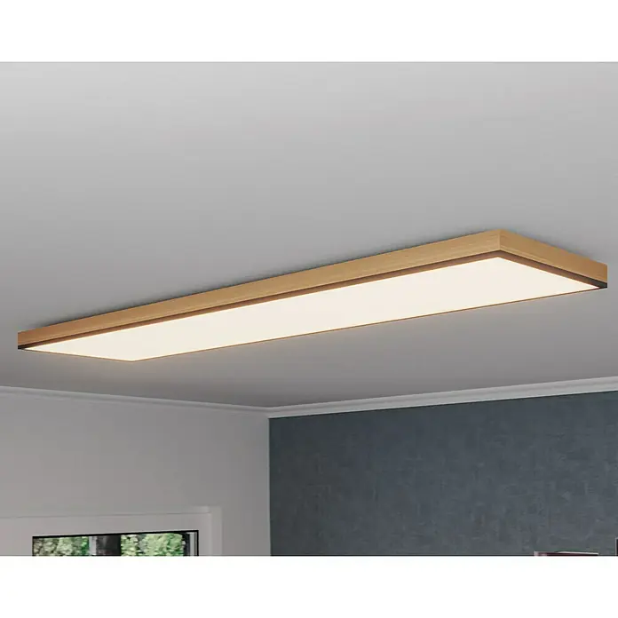 Globo Doro LED-Panel Holzoptik - 36 W, 120 x 30 cm, Holzoptik/Graphit, Mehrfarbig - Eine rechteckige Deckenleuchte mit Holzrahmen spendet warmes Licht im Raum. Stilvolles Design für moderne Innenräume.