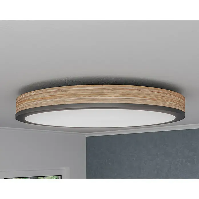 Globo Doro LED-Deckenleuchte rund Holzoptik - 40 W, Durchmesser: 60 cm, Graphit/Holzoptik, Mehrfarbig - Moderne LED-Deckenleuchte mit einem Rahmen in Holzoptik und einem schlanken, dunklen Rand, die eine helle und gleichmäßige Beleuchtung bietet.