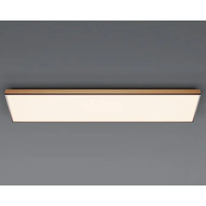 Globo Doro Panel LED - 36 W, 120 x 30 cm, Marrón, Multicolor - Una lámpara de techo rectangular con un marco de madera y un panel de luz brillante.