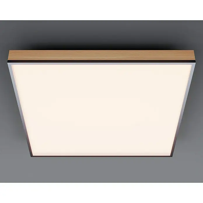Globo Doro Panel LED - 24 W, 45 x 45 cm, Marrón, Multicolor - Primer plano de una lámpara de techo LED cuadrada con marco de madera, que ofrece una iluminación cálida y difusa en un espacio moderno.