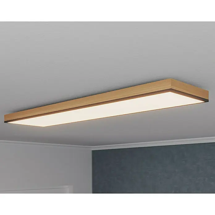 Globo Doro LED-Panel Holzoptik - 24 W, 80 x 20 cm, Holzoptik/Graphit, Warmweiß - Moderne Deckenleuchte mit einem hellen LED-Panel und einem Holzrahmen, die eine elegante Beleuchtung für jeden Raum bietet.