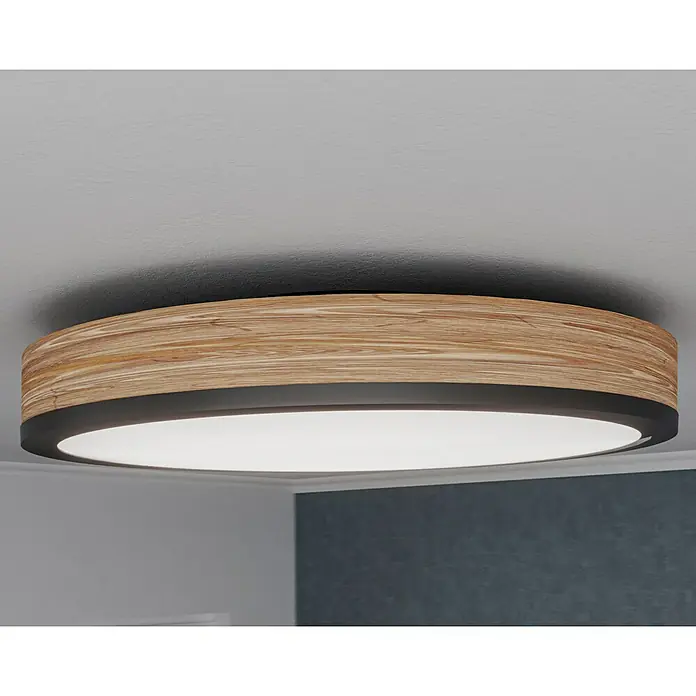 Globo Doro LED-Deckenleuchte rund Holzoptik - 24 W, Durchmesser: 45 cm, Graphit/Holzoptik, Mehrfarbig - Eine moderne LED-Deckenleuchte mit einem Holzrahmen und einem schwarzen Rand, die ein warmes, einladendes Licht spendet.