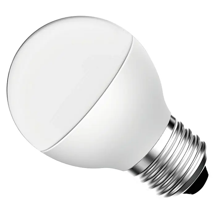 Garza Set de bombillas LED - E27, No regulable, Blanco frío, 470 lm, 6 W, 3 ud. - Primer plano de una bombilla LED blanca mate con base plateada, que muestra un diseño moderno y eficiencia energética.