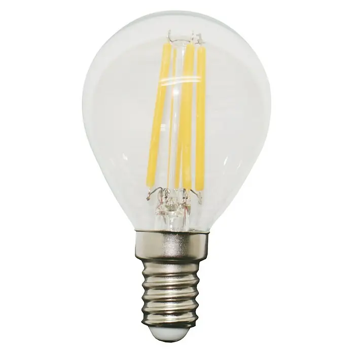 Garza Bombilla LED - E14, No regulable, Blanco cálido, 470 lm, 4 W, Redonda, 2 ud. - Primer plano de una bombilla LED transparente con filamentos estilo Edison y una base de metal. La eficiencia de la iluminación se une al diseño clásico.