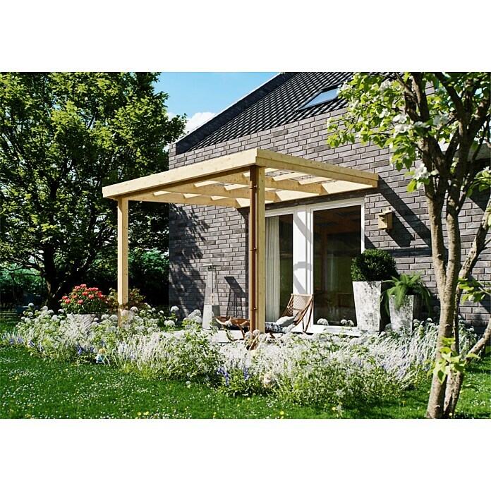 Joda Terrassenüberdachung Master (B x T: 317 x 314 cm, Natur, Fichte-KVH, Dacheindeckung aus Licht-Wellplatten) | BAUHAUS