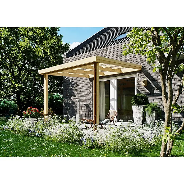 Joda Terrassenüberdachung Classic - B x T: 317 x 314 cm, KDI grün, Kiefer KDI, Dacheindeckung aus Licht-Wellplatten - Die Pergola aus hellem Holz fügt sich nahtlos in den Garten ein und bietet einen schattigen Platz. Genießen Sie entspannte Stunden im Freien unter der Pergola.