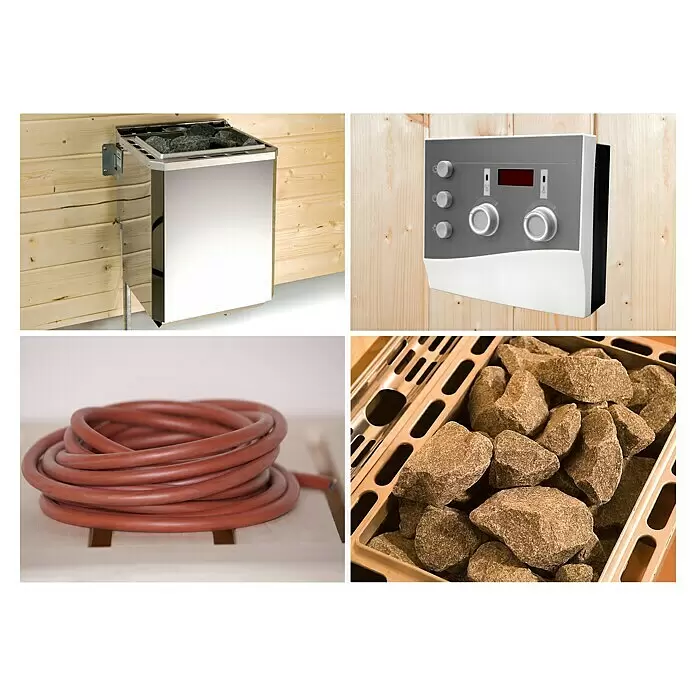 Weka Saunahaus Kuopio - Mit 9,0 kW Bio-Aktiv-Ofen und externer analoge Steuerung, Anthrazit, L x B x H: 238 x 238 x 253 cm - Edelstahl-Saunaofen mit Steinen, graues digitales Bedienfeld und ein roter Schlauch für die Saunabenutzung.