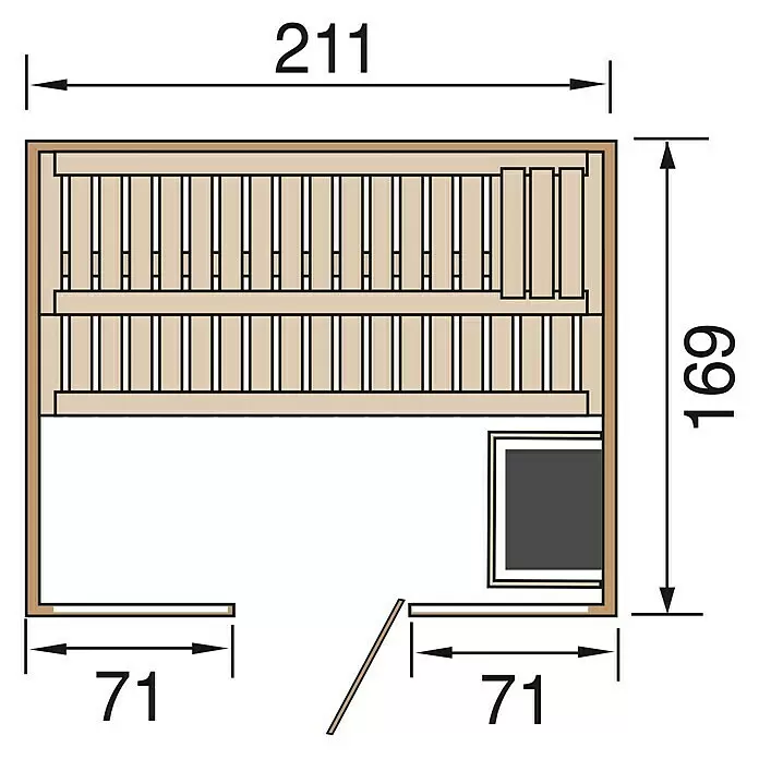 Weka Massivholzsauna Kemi Panorama - Mit 7,5 kW Klassik-Ofen mit externer digitaler Steuerung, L x B x H: 169 x 211 x 200 cm, Natur - Technische Zeichnung eines Holzsauna-Grundrisses mit zweistufigen Bänken, Heizbereich und Gesamtmaßen von 211x169, mit 71 Einheiten breitem Eingang.