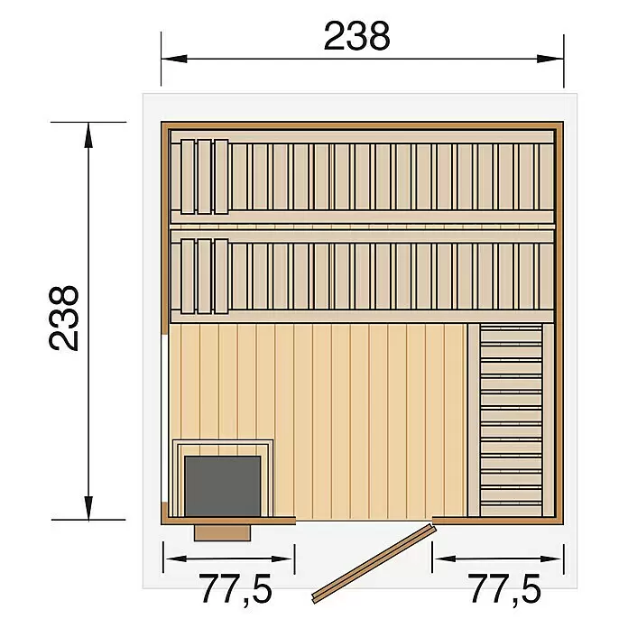 Weka Saunahaus Kuopio - Mit 9,0 kW Bio-Aktiv-Ofen und externer analoge Steuerung, Anthrazit, L x B x H: 238 x 238 x 253 cm - Grundriss einer Holzsaunakabine mit zwei Bänken, Ofen und Maßen.