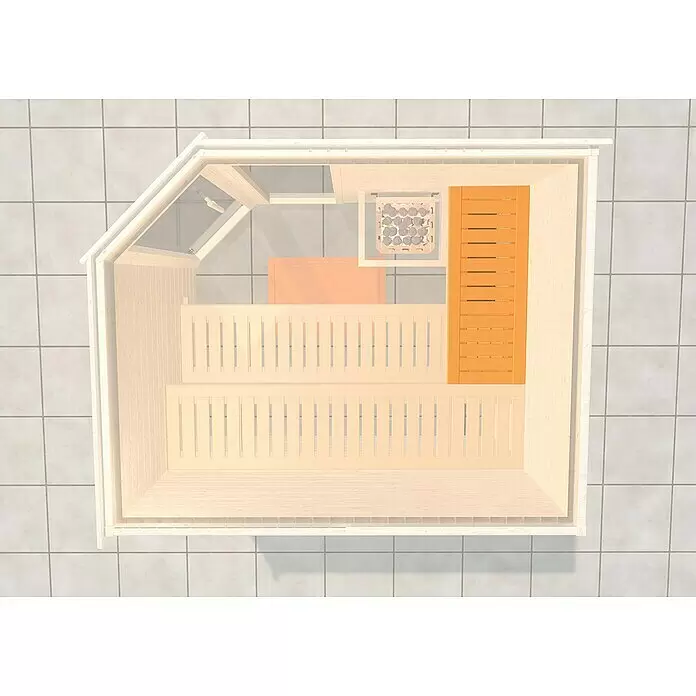 Weka Saunabank Quer - 107 x 50 x 11,5 cm, Natur - Draufsicht auf eine helle Holzsaunakabine mit zweistufigen Bänken, Steinofen und orangefarbener Lamellenverkleidung.