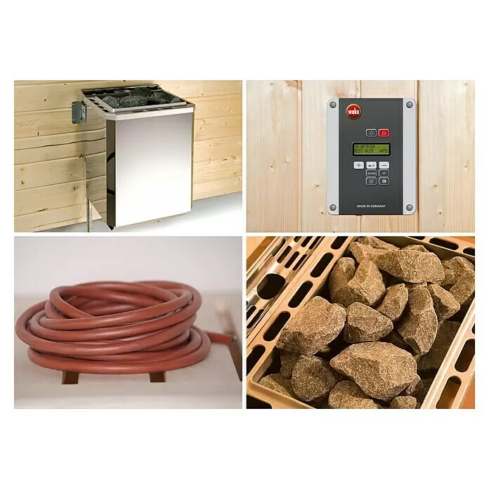 Weka Elementsauna Varberg Trend - 7,5 kW Bio-Ofen mit externer Steuerung, L x B x H: 144 x 194 x 199 cm - Saunaofen-System mit silbernem Ofen, dunklem Bedienfeld, Natursteinen und rotem Schlauch in einer Saunumgebung aus Holz.