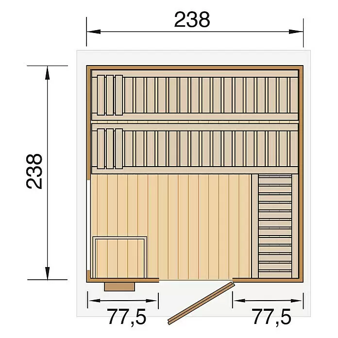 Weka Saunahaus Kuopio - Ohne Ofen, Natur, L x B x H: 238 x 238 x 253 cm - Draufsicht einer rechteckigen Sauna, 238x238 Einheiten, mit Bänken, Ofenschutz und Tür.