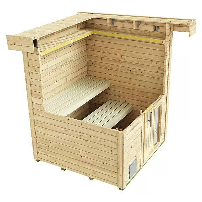 Weka Saunahaus Naantali - Mit 9,0 kW Kompakt-Ofen mit integrierter Steuerung, L x B x H: 186,6 x 186,6 x 253 cm - Holzsaunakabine, Schnittansicht zeigt helles Holzinterieur mit zwei Bänken, Tür und Belüftungsdetails.