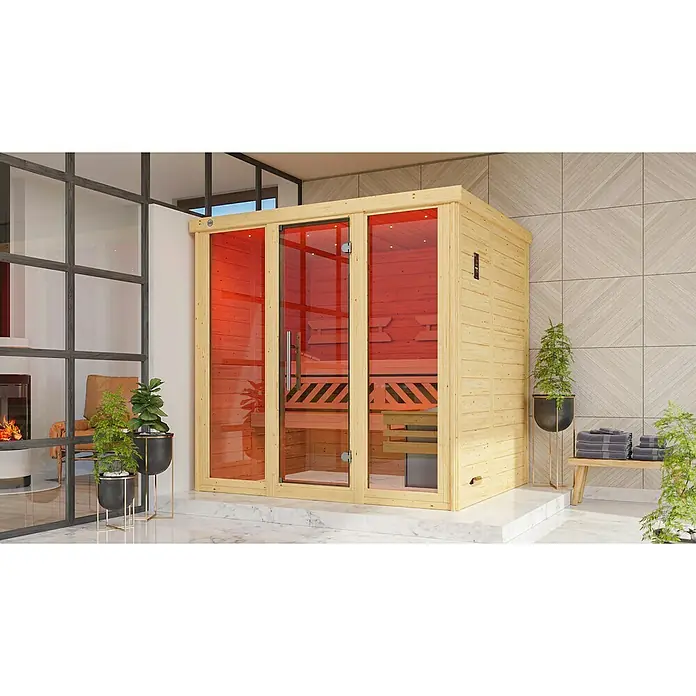 Weka Massivholzsauna Kemi Panorama - Mit 7,5 kW Klassik-Ofen mit externer digitaler Steuerung, L x B x H: 169 x 211 x 200 cm, Natur - Eine moderne Sauna mit Glasfront und Holzbänken, die ein entspannendes Ambiente für Wellness und Erholung bietet. Perfekt für Ihr Zuhause.