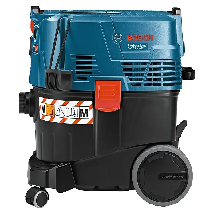 Bosch Professional Aspirador en seco y húmedo eléctrico GAS35M - 1.200 W, Volumen de recipiente: 35 l, Con bolsa - Un aspirador azul para sólidos y líquidos Bosch GAS 35 M AFC, ideal para obras y talleres, con ruedas robustas para un fácil transporte.