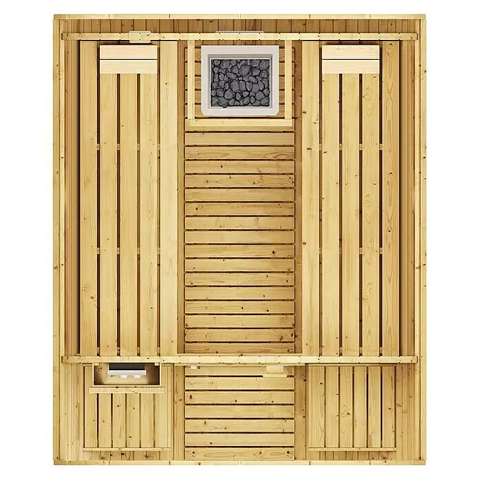 Weka Fasssauna 198 - Mit 9,0 kW Bio-Aktiv-Ofen und externer analoge Steuerung, L x B x H: 186,6 x 210,5 x 217,5 cm - Hölzernes Saunainterieur mit Bänken und einem steinbefüllten Ofen, Draufsicht.