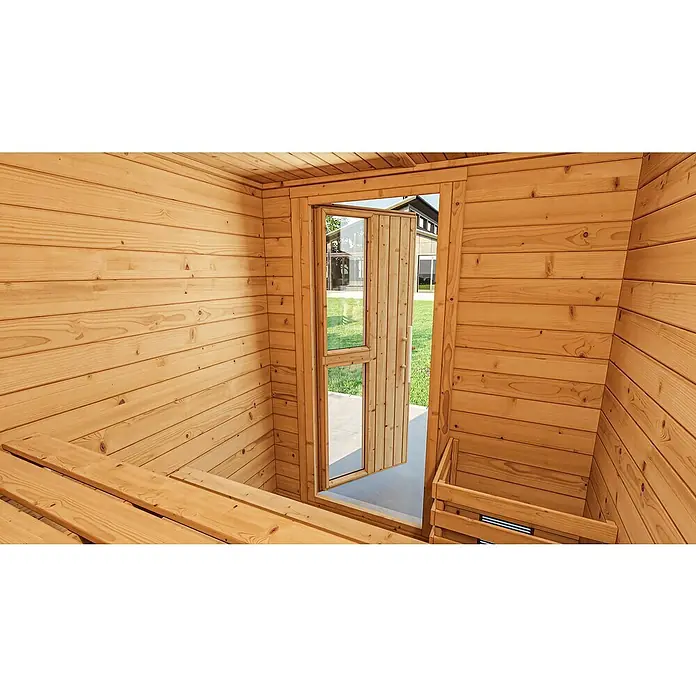Weka Saunahaus Naantali - Mit 9,0 kW Kompakt-Ofen mit integrierter Steuerung, L x B x H: 186,6 x 186,6 x 253 cm - Detailaufnahme einer Holzsauna, die durch eine teilweise geöffnete Glastür einen Blick ins Freie ermöglicht. Helle Holzvertäfelung und Sitzbänke prägen das Interieur.