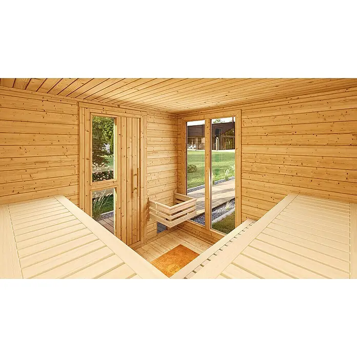 Weka Saunahaus Kuopio - Mit 9,0 kW Bio-Aktiv-Ofen und externer analoge Steuerung, Natur, L x B x H: 238 x 238 x 253 cm - Innenansicht einer Sauna mit Holzwänden, Holzbänken und einem Fenster mit Blick nach draußen, das eine entspannende Atmosphäre erzeugt.