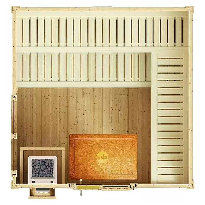 Weka Saunahaus Kuopio - Mit 9,0 kW Bio-Aktiv-Ofen und externer analoge Steuerung, Anthrazit, L x B x H: 238 x 238 x 253 cm - Sauna-Innenansicht, Draufsicht. Helle Holzkonstruktion mit Bänken, Ofen und Fußmatte.