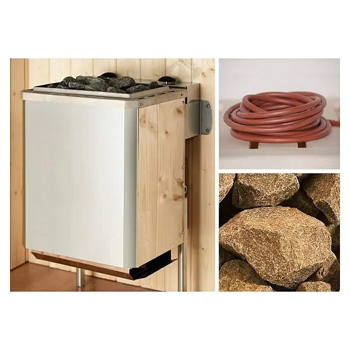 Weka Saunahaus Naantali - Mit 9,0 kW Kompakt-Ofen mit integrierter Steuerung, L x B x H: 186,6 x 186,6 x 253 cm - Saunaofen mit weißem Metallgehäuse, Holzseiten und dunklen Steinen darauf, in einer Holzsauna montiert.