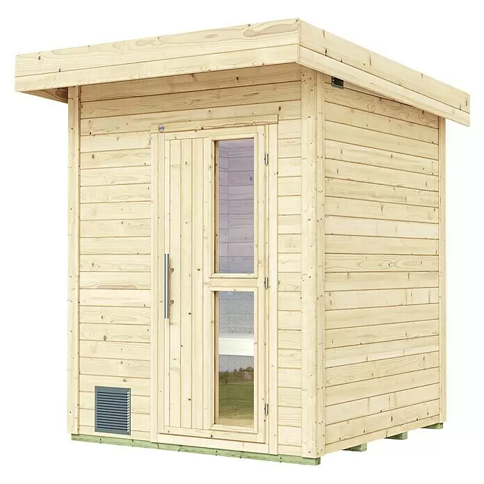 Weka Saunahaus Naantali - Mit 9,0 kW Kompakt-Ofen mit integrierter Steuerung, L x B x H: 186,6 x 186,6 x 253 cm - Helle Holz-Außensaunakabine mit Glastür und Flachdach.