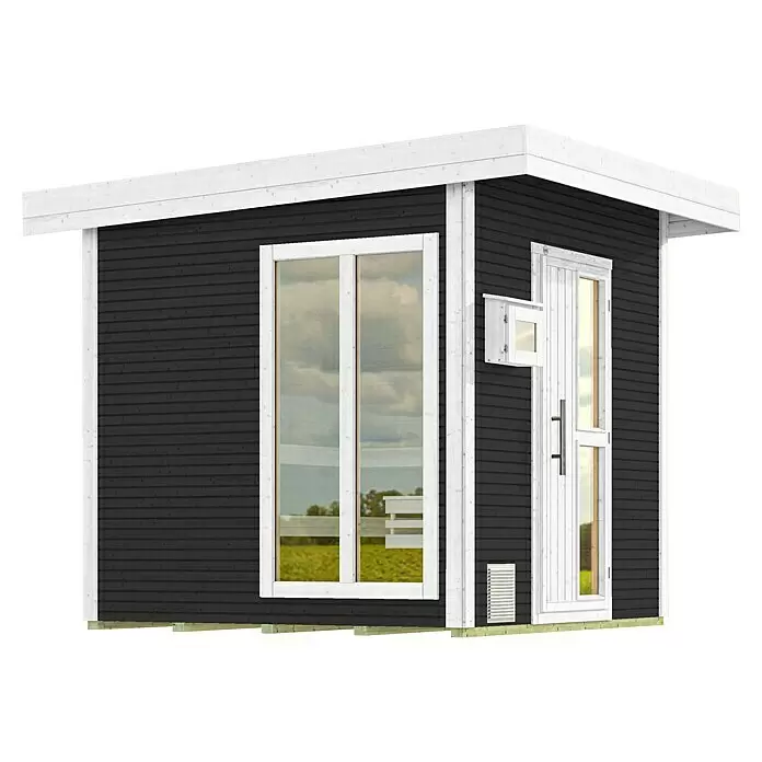 Weka Saunahaus Kuopio - Mit 9,0 kW Bio-Aktiv-Ofen und externer analoge Steuerung, Anthrazit, L x B x H: 238 x 238 x 253 cm - Schwarzes Holzgartenhaus mit weißem Rahmen, großem Fenster und Tür.