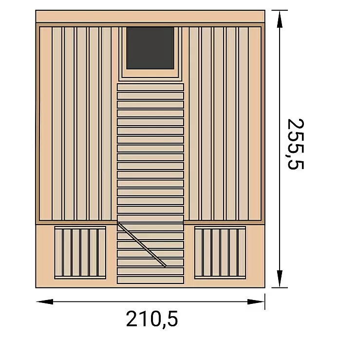 Weka Fasssauna 198 - Mit 9,0 kW Klassik-Ofen und externer analoge Steuerung, L x B x H: 186,6 x 210,5 x 217,5 cm - Helle Saunawandplatte aus Holz mit vertikalen und horizontalen Latten, inklusive dunkler Fensteröffnung.