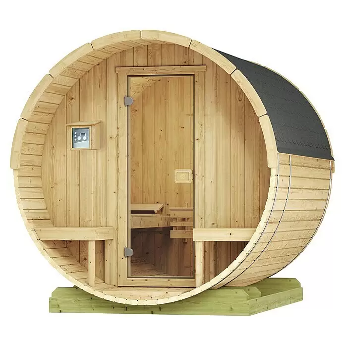 Weka Fasssauna 198 - Mit 9,0 kW Klassik-Ofen und externer analoge Steuerung, L x B x H: 186,6 x 210,5 x 217,5 cm - Helle Holzfasssauna mit dunkelgrauem Schindeldach und hellgrünem Holzsockel, mit Glastür und Innenbänken.