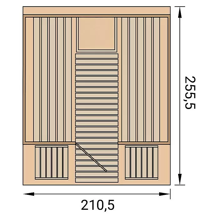 Weka Fasssauna 198 - Ohne Ofen, L x B x H: 186,6 x 210,5 x 217,5 cm - Technische Zeichnung eines Saunainnenraums aus hellem Holz mit Oberbank, Unterbank und Bodenrost. Maße: 255,5 x 210,5.