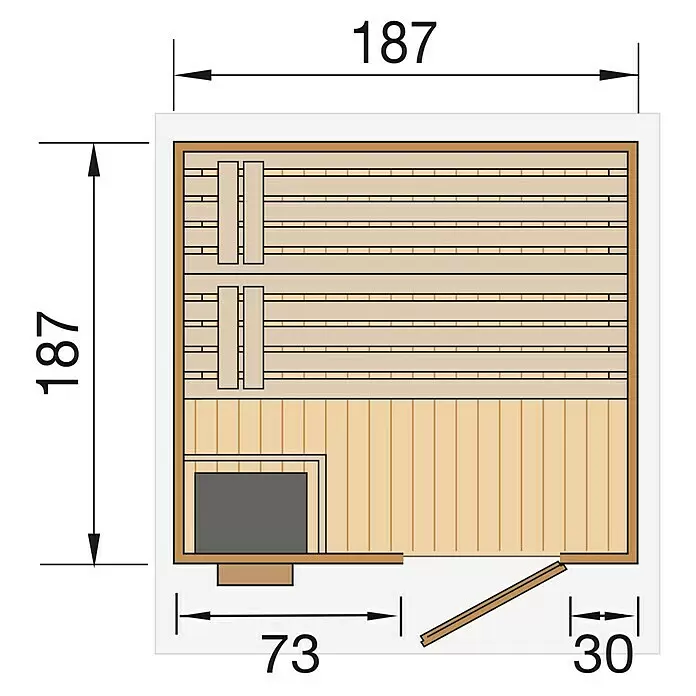Weka Saunahaus Naantali - Mit 9,0 kW Kompakt-Ofen mit integrierter Steuerung, L x B x H: 186,6 x 186,6 x 253 cm - Draufsicht auf einen hölzernen Saunakabinenplan mit Bänken, Ofen, Tür und Maßen.