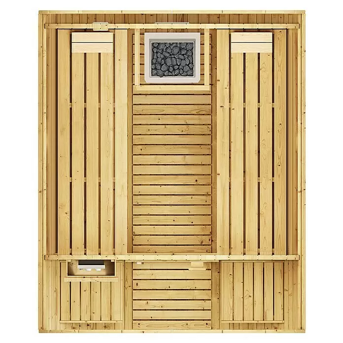 Weka Fasssauna 198 - Mit 9,0 kW Klassik-Ofen und externer analoge Steuerung, L x B x H: 186,6 x 210,5 x 217,5 cm - Draufsicht auf eine helle Holzsauna mit Holzbänken und einem Saunaofen mit Steinen.