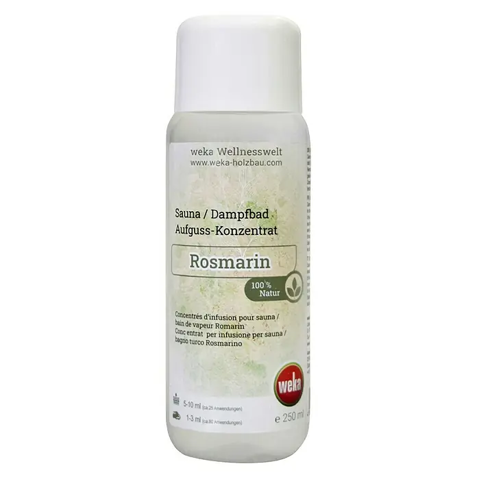 Weka Sauna- & Dampfbadduft - Duft: Rosmarin, 250 ml - Produktbild einer 250 ml Flasche WEKA Sauna Rosmarin Aufguss-Konzentrat, ein natürlicher Badezusatz für Sauna und Dampfbad.