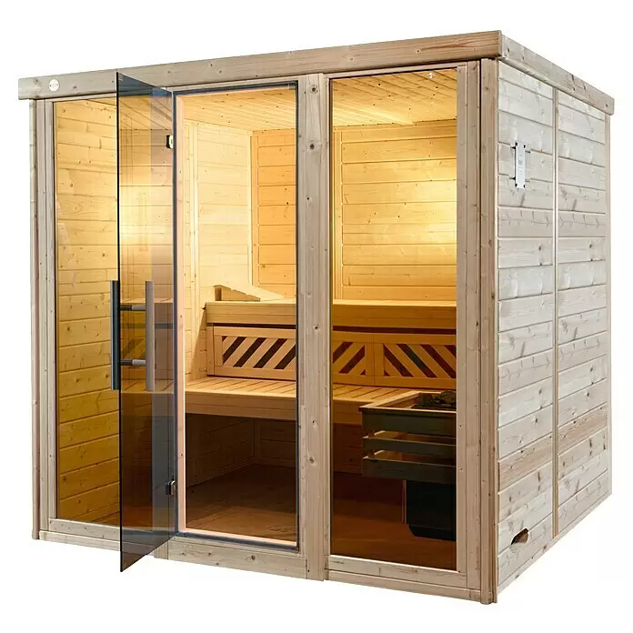 Weka Massivholzsauna Kemi Panorama - Mit 7,5 kW Klassik-Ofen mit externer digitaler Steuerung, L x B x H: 210 x 211 x 200 cm, Natur - Saunakabine aus hellem Holz mit Glastüren, Innenbänken und Heizung.