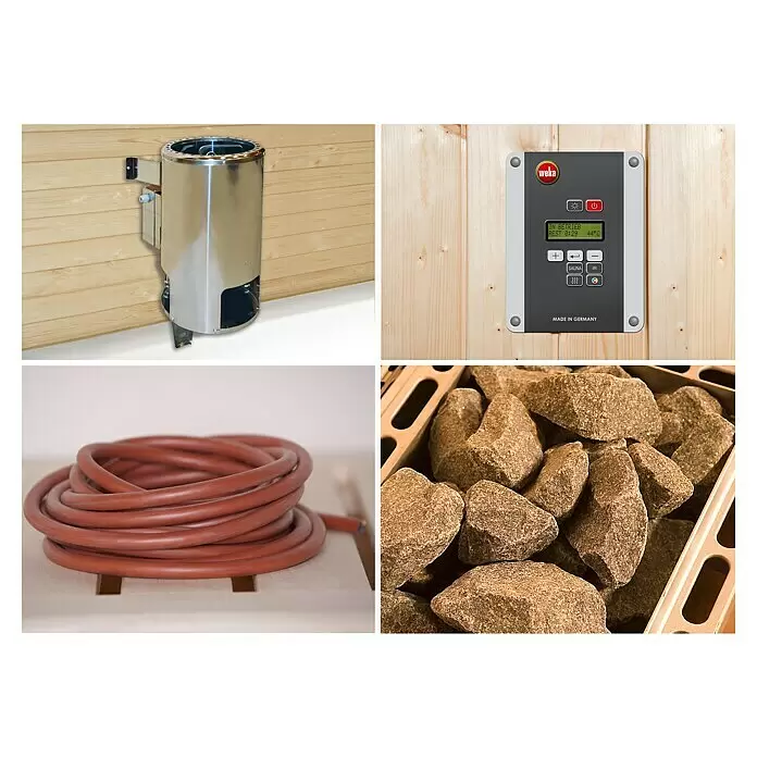 Weka Saunaofen Set 1 - 3,6 kW, Raumheizvermögen: 1 m³ - 5 m³ - Saunakomponenten: Edelstahlheizer, schwarzes digitales Bedienfeld, roter Schlauch, raue Saunasteine.
